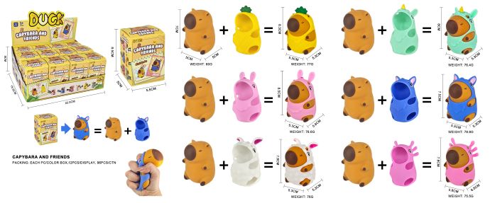 CAPIBARA AND FRIENDS SQUISHY TPR+PVA 9cm (In Blind Box 9x8x9cm) c/vestitino In espo da 12pz 6ass…x12…x96